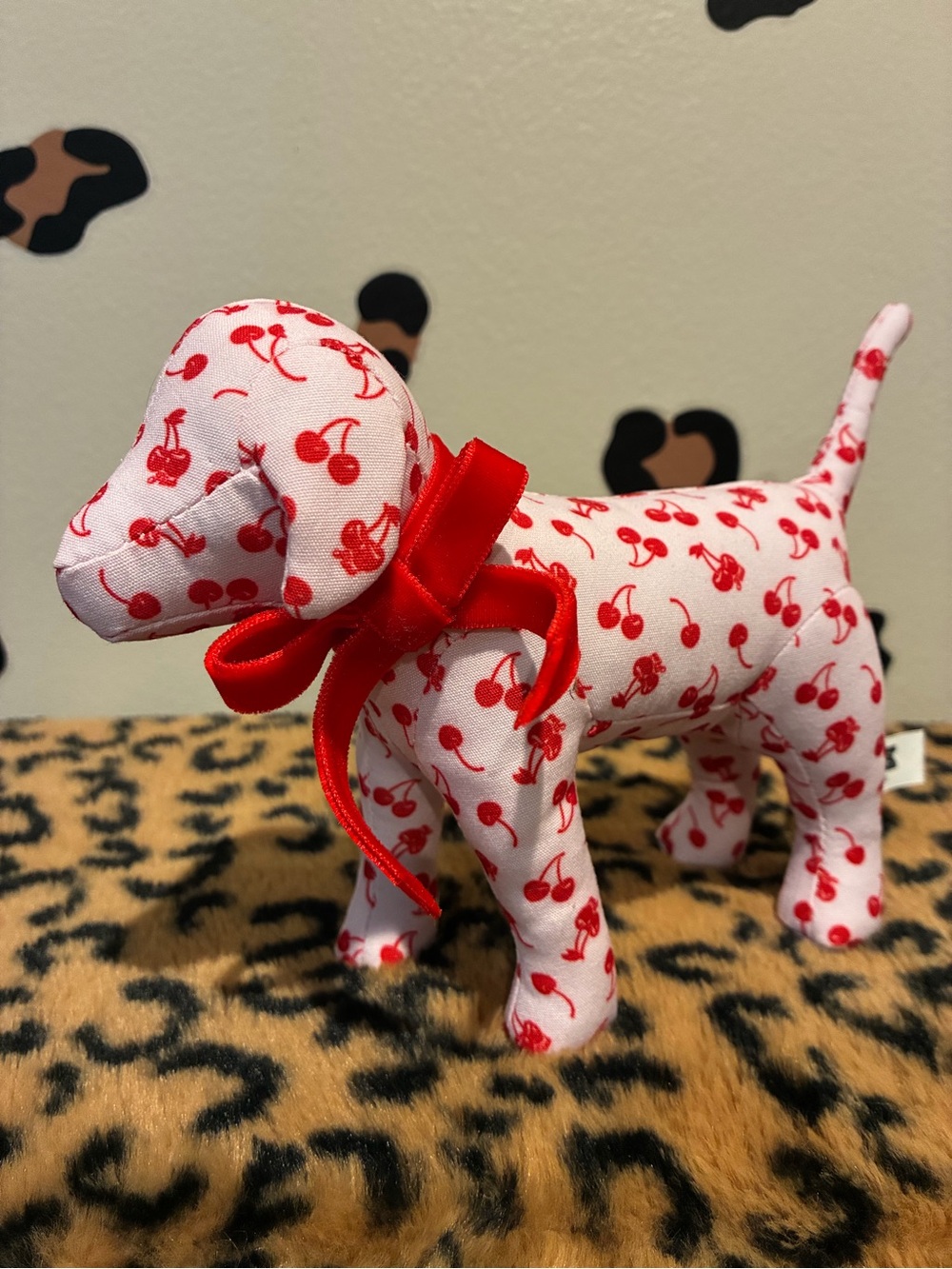 PINK Victoria's Secret Cherry-Print Plush Dog Figurine in Red and White